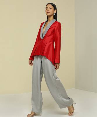Red plain silk jacket set 3