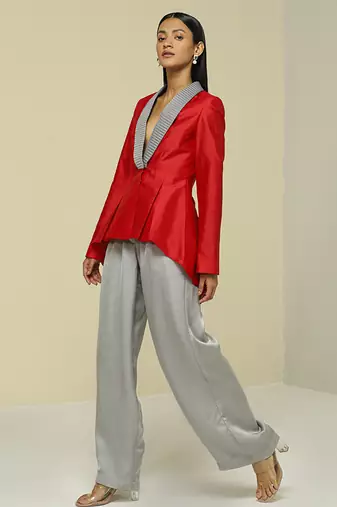 Red plain silk jacket set