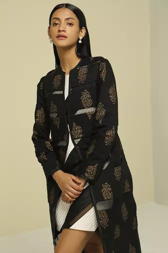 Black printed silk short dress
