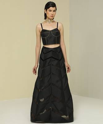 Black plain silk skirt set 1