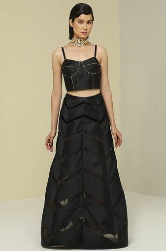 Black plain silk skirt set