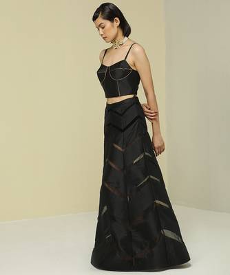 Black plain silk skirt set 2