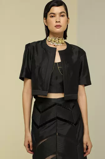 Black plain silk skirt set