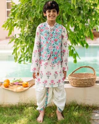 White cotton printed kurta dhoti and jacket for boys 1