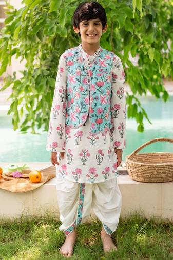 White cotton printed kurta dhoti and jacket for boys