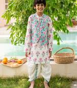 White cotton printed kurta dhoti and jacket for boys
