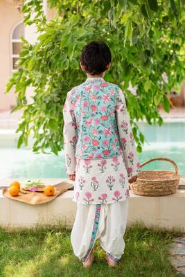 White cotton printed kurta dhoti and jacket for boys 3