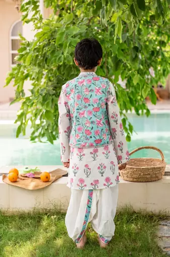 White cotton printed kurta dhoti and jacket for boys