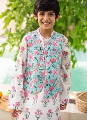 White cotton printed kurta dhoti and jacket for boys 4