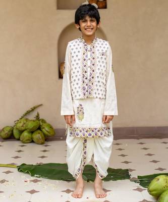 White cotton printed kurta dhoti and jacket for boys 1