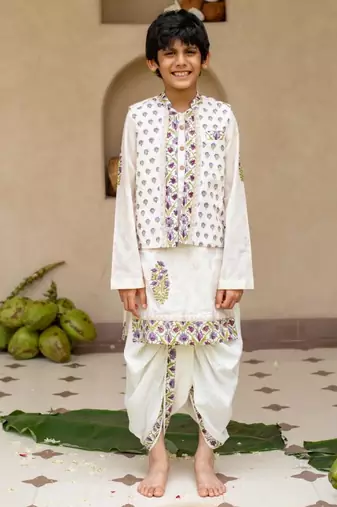 White cotton printed kurta dhoti and jacket for boys
