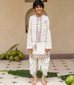 White cotton printed kurta dhoti and jacket for boys