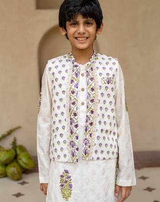 White cotton printed kurta dhoti and jacket for boys 4