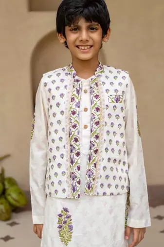 White cotton printed kurta dhoti and jacket for boys