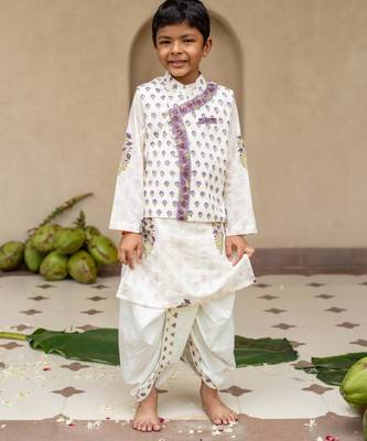 White cotton printed kurta dhoti and jacket for boys 1