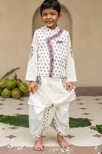 White cotton printed kurta dhoti and jacket for boys