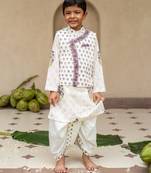 White cotton printed kurta dhoti and jacket for boys