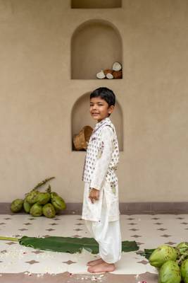 White cotton printed kurta dhoti and jacket for boys 4