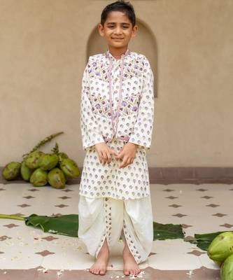 White cotton printed kurta dhoti and jacket for boys 1