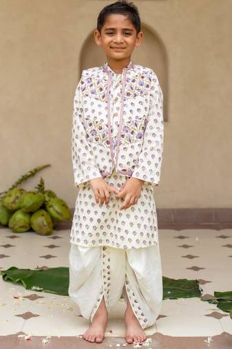White cotton printed kurta dhoti and jacket for boys