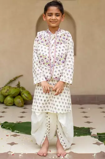 White cotton printed kurta dhoti and jacket for boys