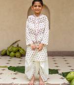 White cotton printed kurta dhoti and jacket for boys