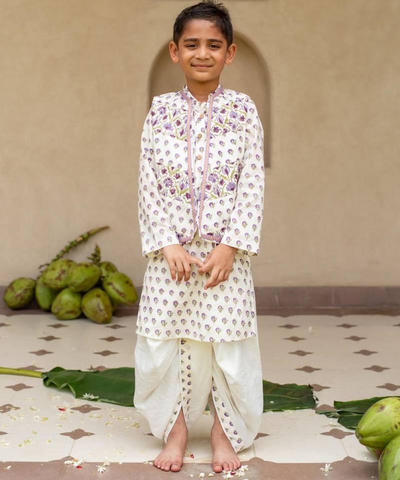 White cotton printed kurta dhoti and jacket for boys