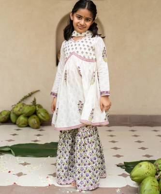 White cotton printed kurta sharara and dupatta for girls 1