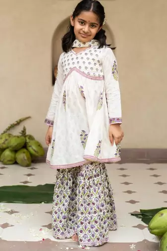 White cotton printed kurta sharara and dupatta for girls