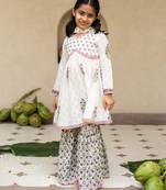 White cotton printed kurta sharara and dupatta for girls