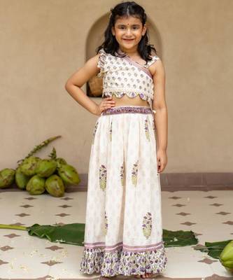 White cotton printed blouse and Lehenga for girls 1