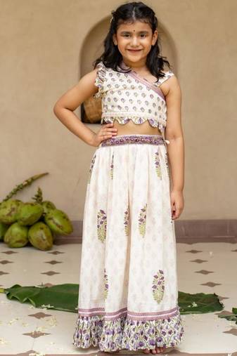 White cotton printed blouse and Lehenga for girls