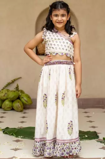 White cotton printed blouse and Lehenga for girls