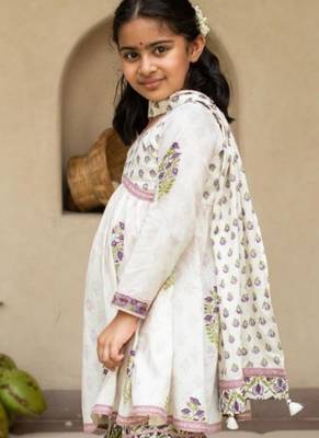 White cotton printed kurta sharara and dupatta for girls 2
