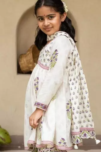 White cotton printed kurta sharara and dupatta for girls
