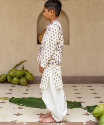 White cotton printed kurta dhoti and jacket for boys 2