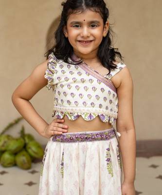 White cotton printed blouse and Lehenga for girls 2