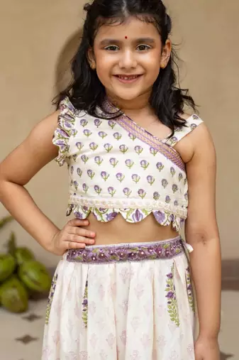 White cotton printed blouse and Lehenga for girls