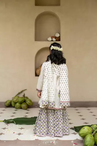 White cotton printed kurta sharara and dupatta for girls