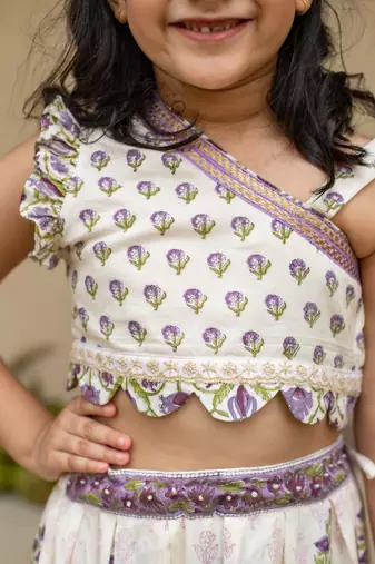 White cotton printed blouse and Lehenga for girls