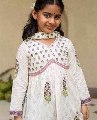 White cotton printed kurta sharara and dupatta for girls 4