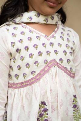 White cotton printed kurta sharara and dupatta for girls 5