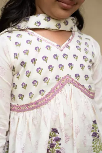 White cotton printed kurta sharara and dupatta for girls