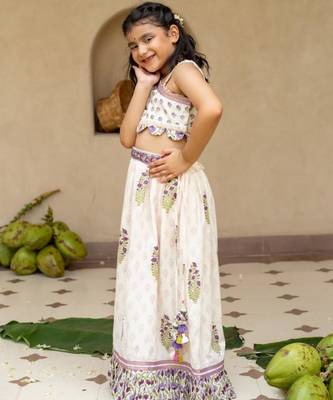 White cotton printed blouse and Lehenga for girls 5
