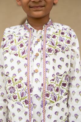 White cotton printed kurta dhoti and jacket for boys 5