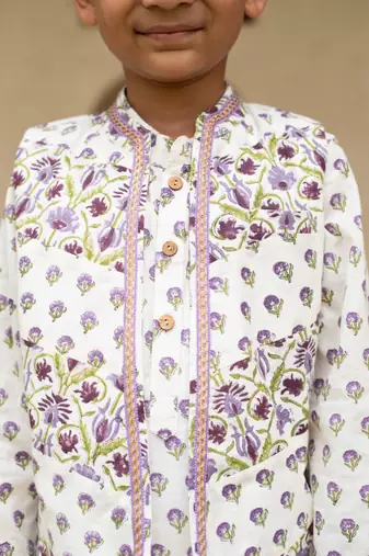 White cotton printed kurta dhoti and jacket for boys