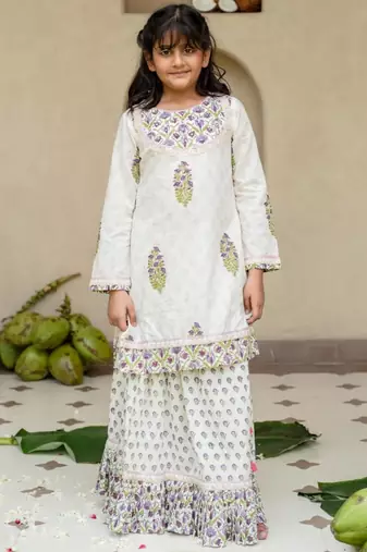 White cotton printed kurta lehenga and dupatta for girls