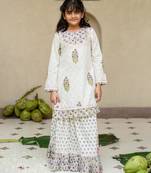 White cotton printed kurta lehenga and dupatta for girls