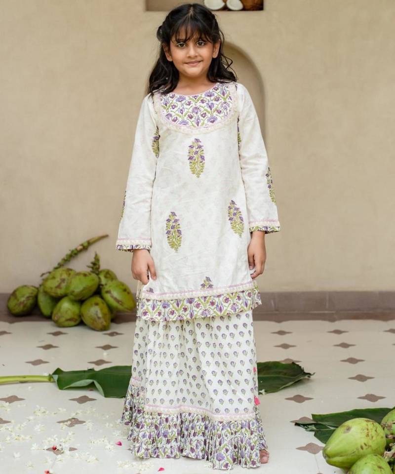 White cotton printed kurta lehenga and dupatta for girls