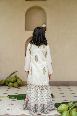 White cotton printed kurta lehenga and dupatta for girls 2